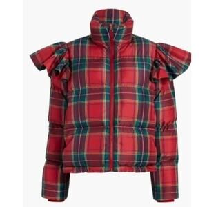 HILL HOUSE Sz M Medium Violet Tartan Plaid Ruffle Sleeve Puffer Coat Jacket